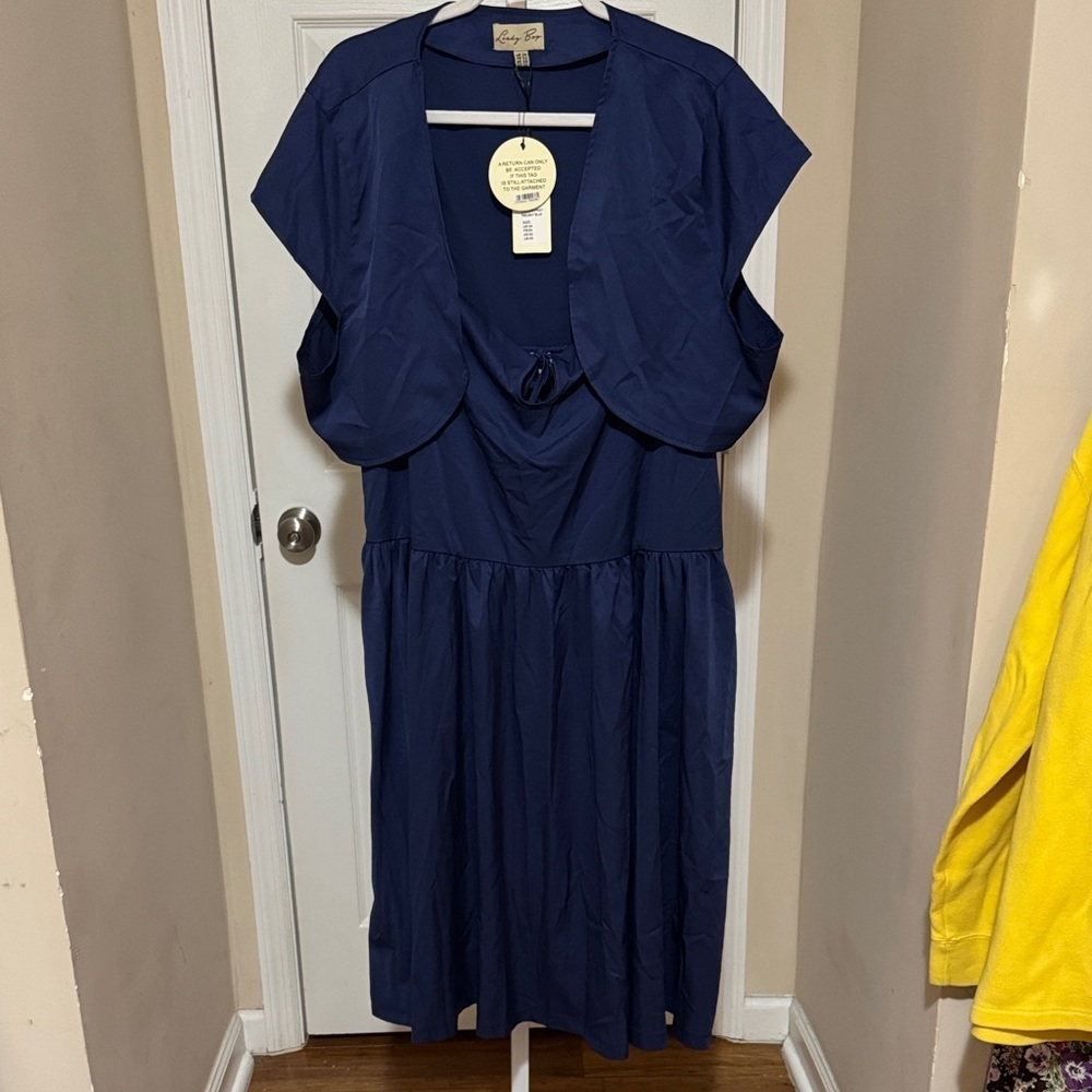Lindy Bop Classic Navy Midi Dress with cap sleeve shawl